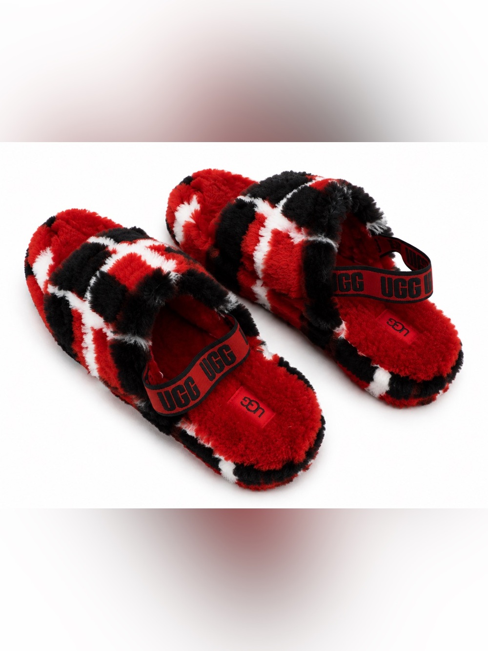 UGG Red Black White Faux Fur Slingback Slippers